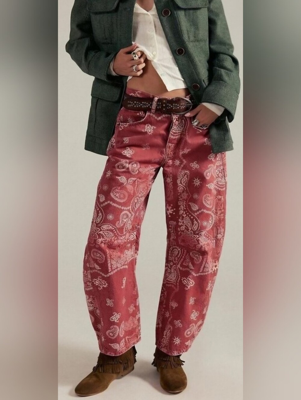 Loveimgs Women's Boyfriend Baggy Barrel Red Paisley Jean Size Small (US 4-6) NWT